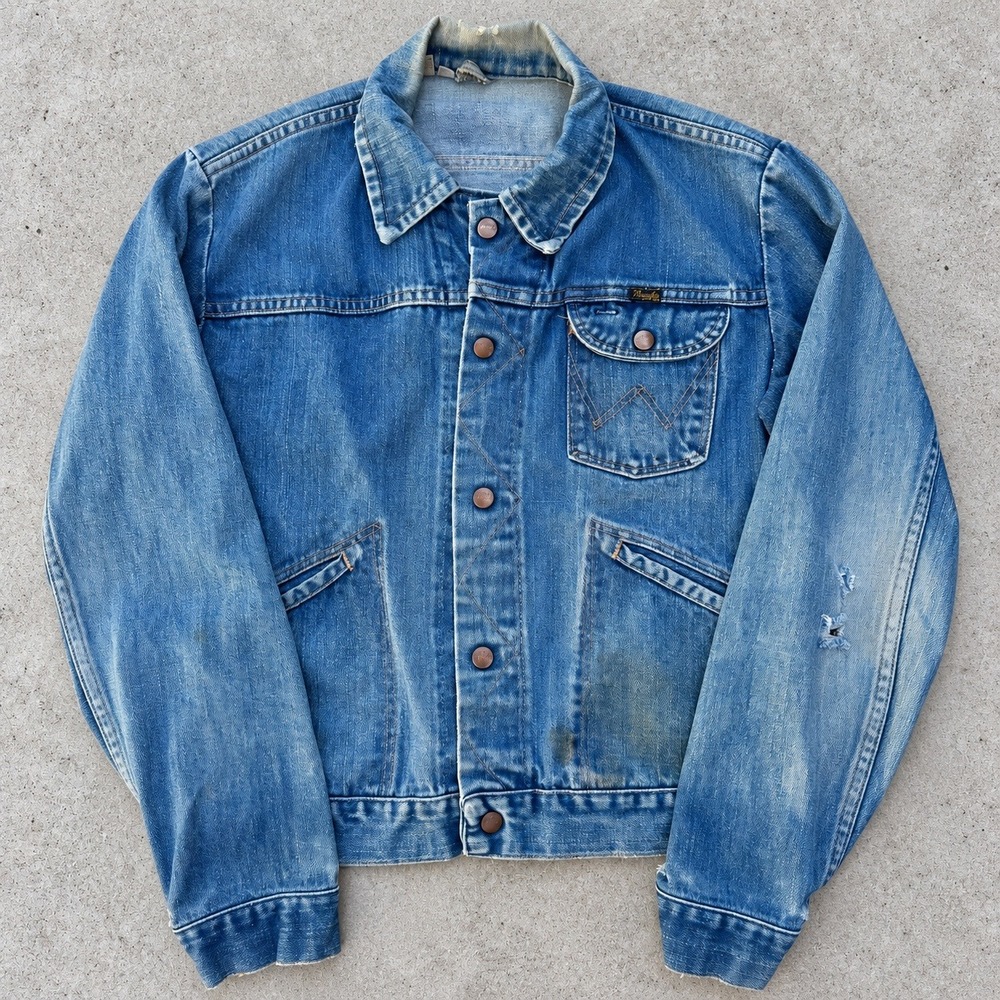 Vintage 70s 80s Wrangler Denim Jacket Medium Metallica Patch Distressed Trucker
